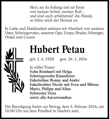 Traueranzeige von Hubert Petau von lausitzer_rundschau