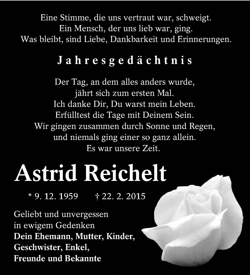  Traueranzeige für Astrid Reichelt vom 22.02.2016 aus lausitzer_rundschau