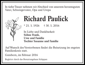 Traueranzeige von Richard Paulick von lausitzer_rundschau