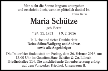 Traueranzeige von Maria Schütze von lausitzer_rundschau