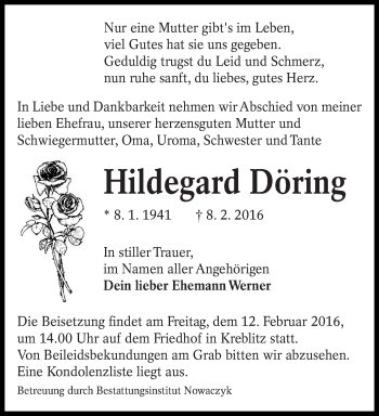 Traueranzeige von Hildegard Döring von lausitzer_rundschau
