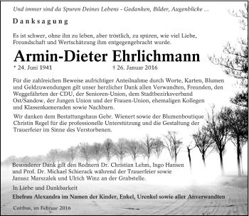 Traueranzeige von Armin-Dieter Ehrlichmann von lausitzer_rundschau
