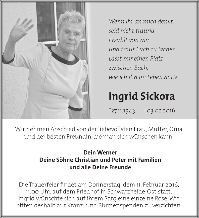  Traueranzeige für Ingrid Sickora vom 06.02.2016 aus lausitzer_rundschau