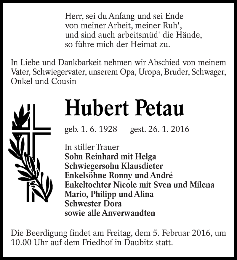  Traueranzeige für Hubert Petau vom 02.02.2016 aus lausitzer_rundschau