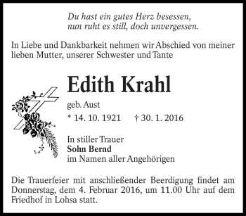 Traueranzeige von Edith Krahl von lausitzer_rundschau