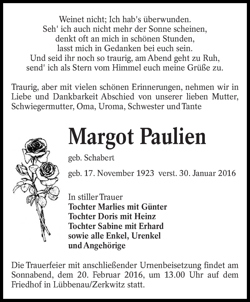  Traueranzeige für Margot Paulien vom 13.02.2016 aus lausitzer_rundschau