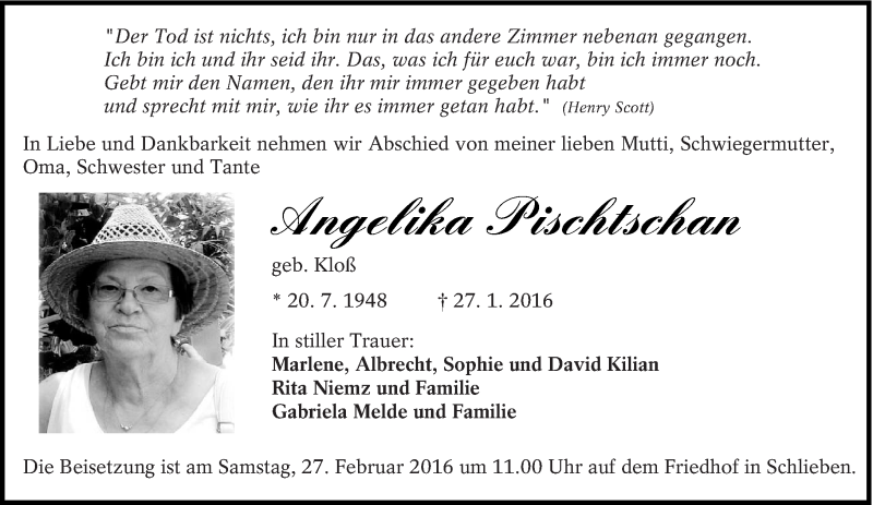  Traueranzeige für Angelika Pischtschan vom 13.02.2016 aus lausitzer_rundschau