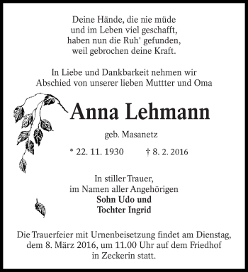 Traueranzeige von Anna Lehmann von lausitzer_rundschau