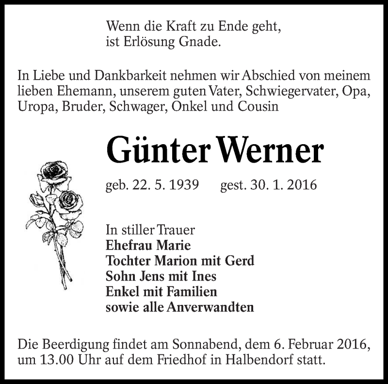  Traueranzeige für Günter Werner vom 02.02.2016 aus lausitzer_rundschau