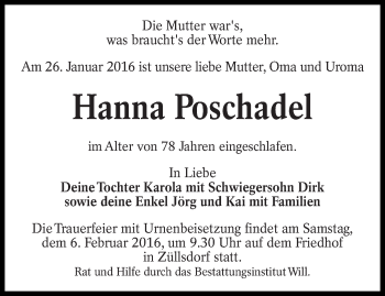 Traueranzeige von Hanna Poschadel von lausitzer_rundschau