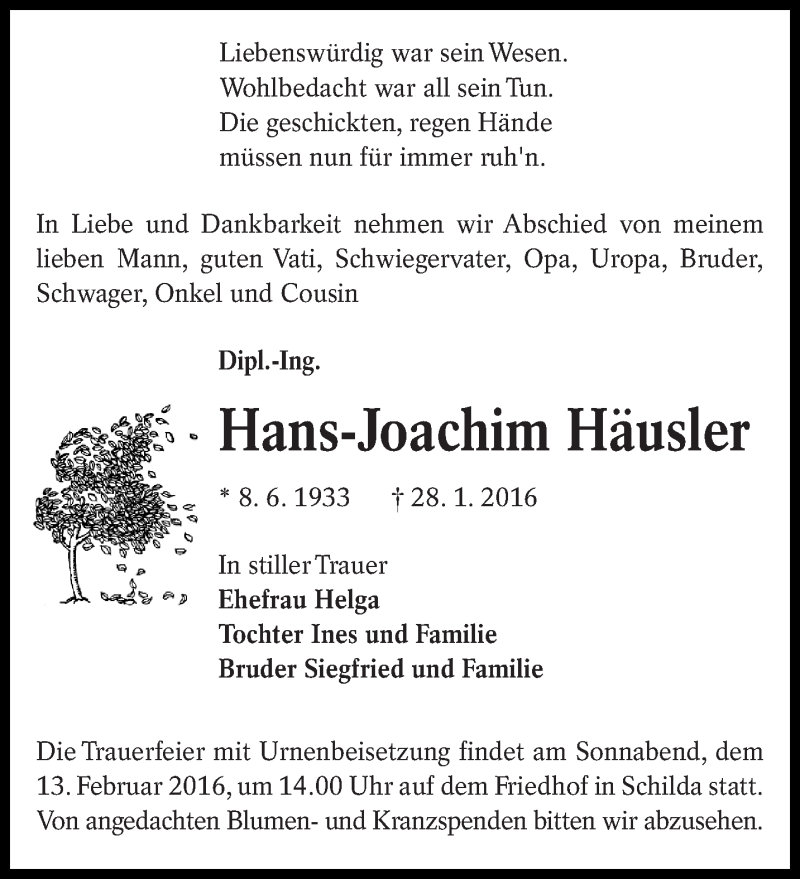  Traueranzeige für Hans-Joachim Häusler vom 06.02.2016 aus lausitzer_rundschau
