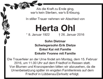 Traueranzeige von Herta Ohl von lausitzer_rundschau