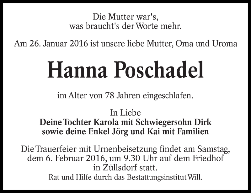  Traueranzeige für Hanna Poschadel vom 01.02.2016 aus lausitzer_rundschau