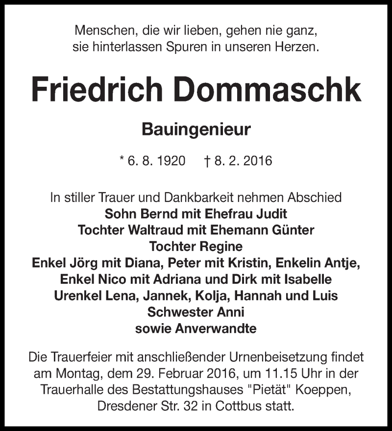  Traueranzeige für Friedrich Dommaschk vom 13.02.2016 aus lausitzer_rundschau