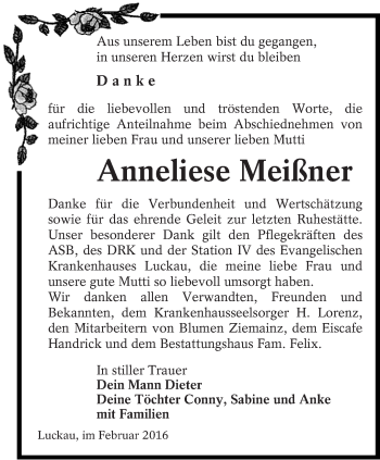 Traueranzeige von Anneliese Meißner von lausitzer_rundschau