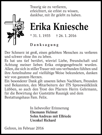 Traueranzeige von Erika Kniesche von lausitzer_rundschau