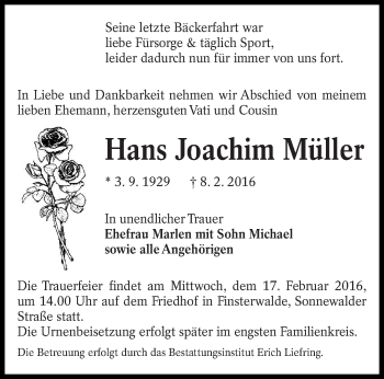 Traueranzeige von Hans Joachim Müller von lausitzer_rundschau