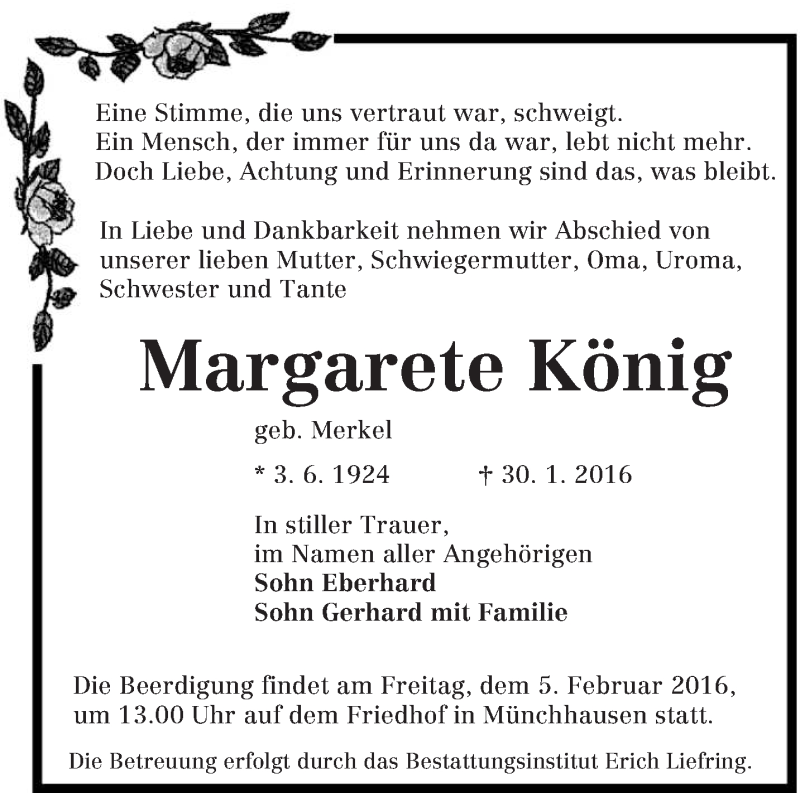  Traueranzeige für Margarete König vom 02.02.2016 aus lausitzer_rundschau