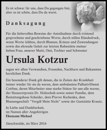 Traueranzeige von Ursula Kotzur von lausitzer_rundschau