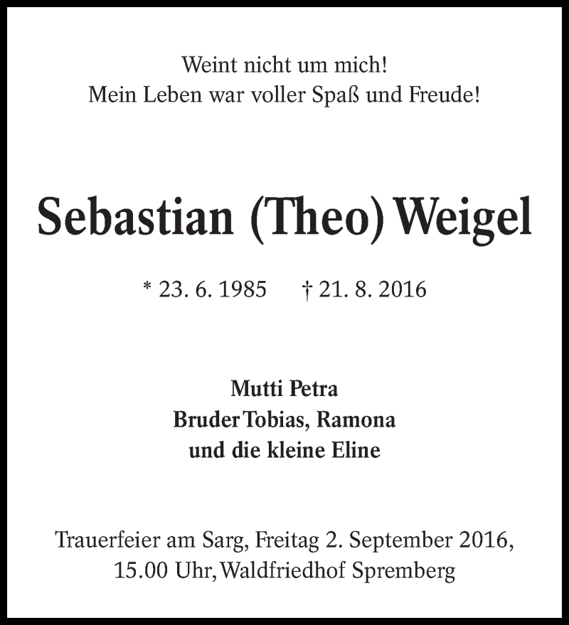  Traueranzeige für Sebastian  Weigel vom 27.08.2016 aus lausitzer_rundschau