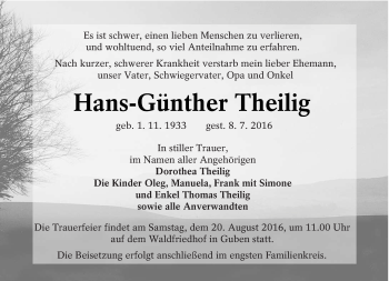 Traueranzeige von Hans-Günther Theilig von lausitzer_rundschau