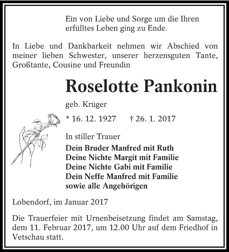  Traueranzeige für Roselotte Pankonin vom 28.01.2017 aus lausitzer_rundschau