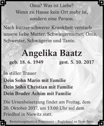 Traueranzeige von Angelika Baatz von lausitzer_rundschau