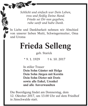 Traueranzeige von Frieda Selleng von lausitzer_rundschau