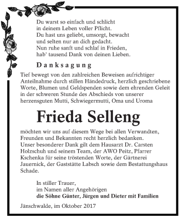 Traueranzeige von Frieda Selleng von lausitzer_rundschau