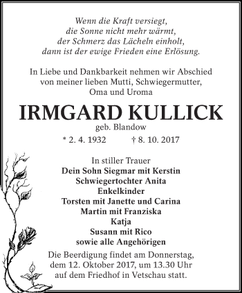 Traueranzeige von Irmgard Kullick von lausitzer_rundschau