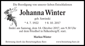 Traueranzeige von Johanna Winter von lausitzer_rundschau