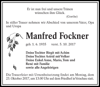 Traueranzeige von Manfred Fockner von lausitzer_rundschau