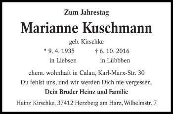 Traueranzeige von Marianne Kuschmann von lausitzer_rundschau