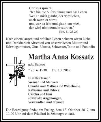 Traueranzeige von Martha Anna Kossatz von lausitzer_rundschau