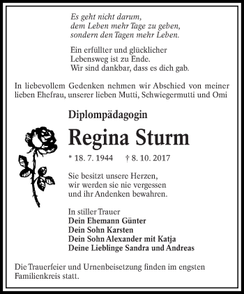 Traueranzeige von Regina Sturm von lausitzer_rundschau