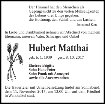 Traueranzeige von Hubert Matthai von lausitzer_rundschau