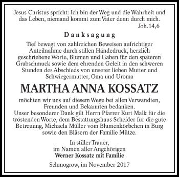 Traueranzeige von Martha Anna Kossatz von lausitzer_rundschau