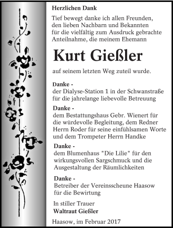 Traueranzeige von Kurt Gießler von lausitzer_rundschau