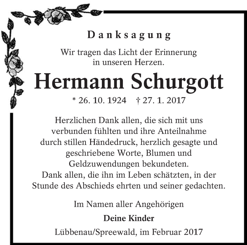  Traueranzeige für Hermann Schurgott vom 11.02.2017 aus lausitzer_rundschau