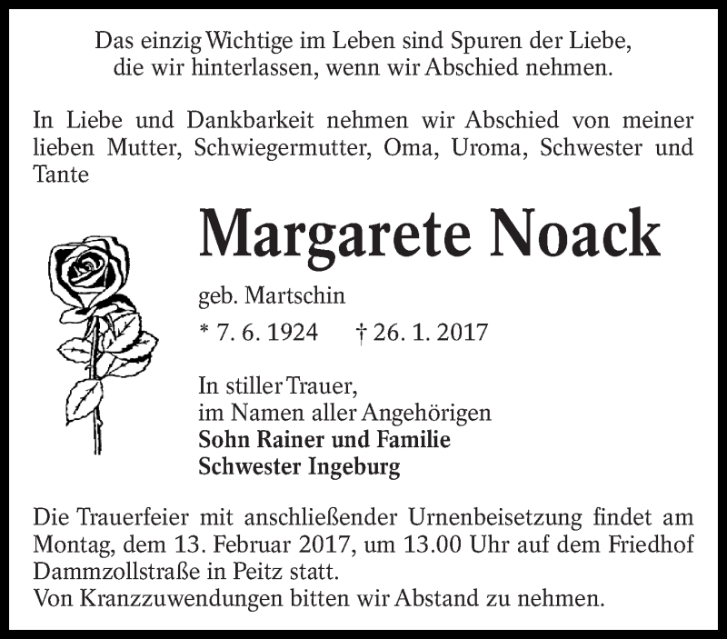  Traueranzeige für Margarete Noack vom 08.02.2017 aus lausitzer_rundschau