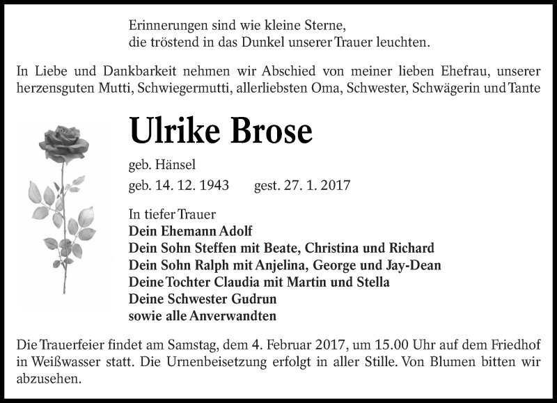  Traueranzeige für Ulrike Brose vom 01.02.2017 aus lausitzer_rundschau