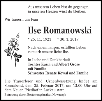 Traueranzeige von Ilse Romanowski von lausitzer_rundschau