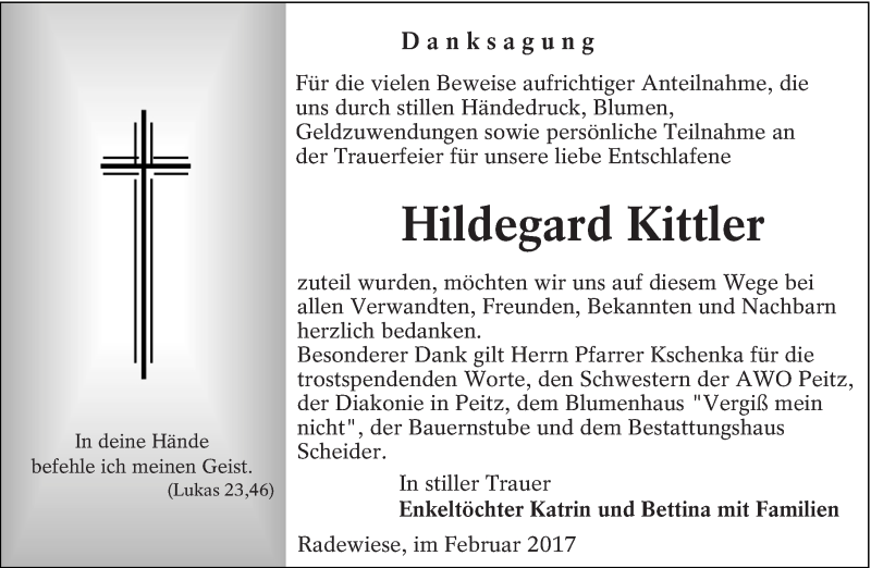  Traueranzeige für Hildegard Kittler vom 25.02.2017 aus lausitzer_rundschau