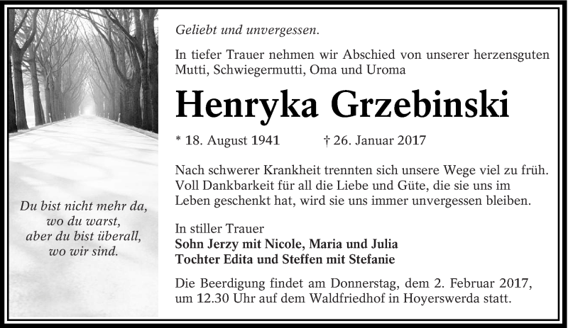  Traueranzeige für Henryka Grzebinski vom 31.01.2017 aus lausitzer_rundschau