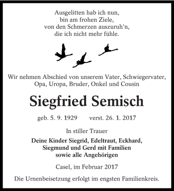 Traueranzeige von Siegfried Semisch von lausitzer_rundschau
