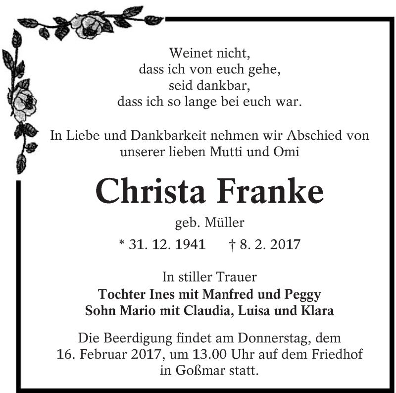  Traueranzeige für Christa Franke vom 11.02.2017 aus lausitzer_rundschau