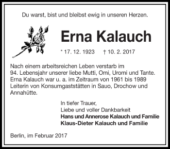 Traueranzeige von Erna Kalauch von lausitzer_rundschau
