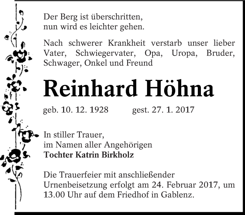  Traueranzeige für Reinhard Höhna vom 04.02.2017 aus lausitzer_rundschau