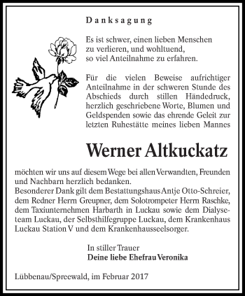 Traueranzeige von Werner Altkuckatz von lausitzer_rundschau