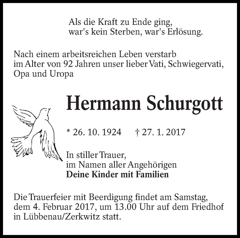 Traueranzeige für Hermann Schurgott vom 01.02.2017 aus lausitzer_rundschau